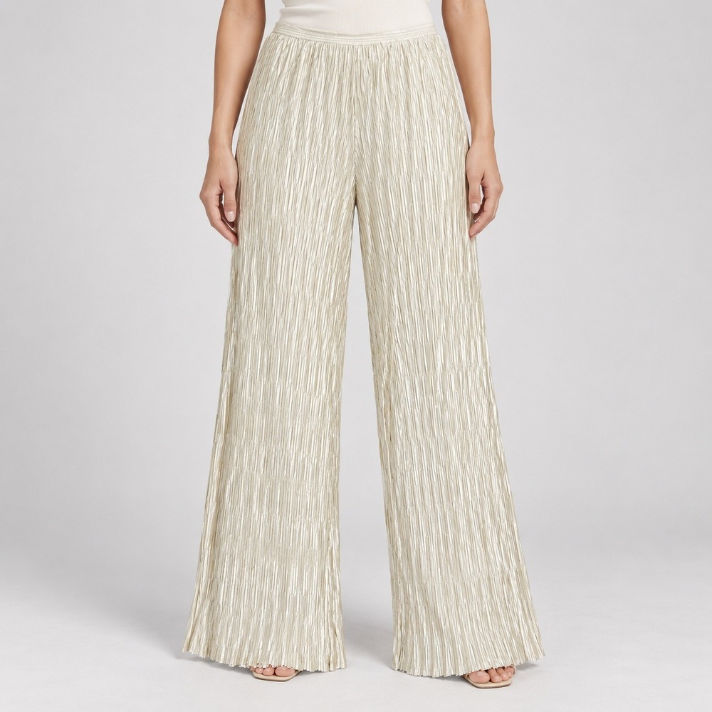 Zara Pleated Wide Leg Pants Champagne Cream Plisse High Rise Trousers Womens M